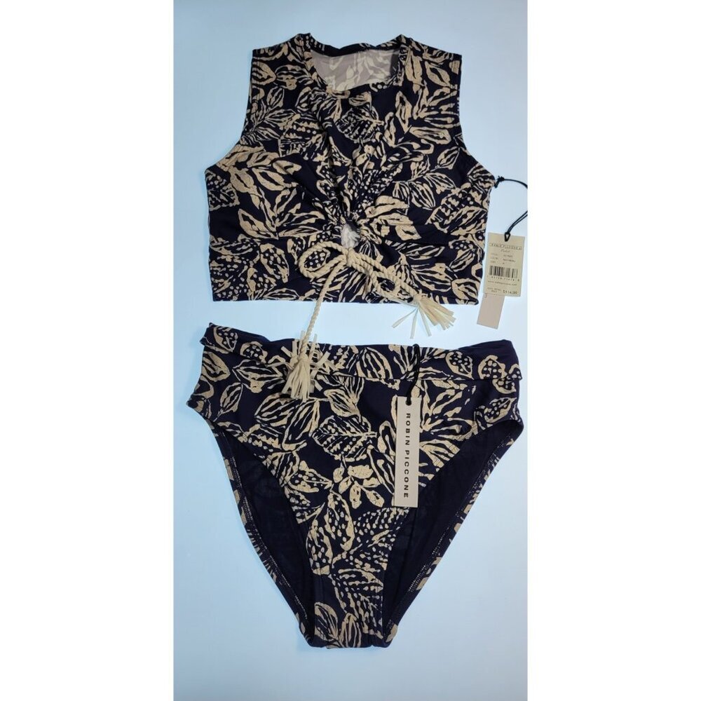 Robin Piccone 2-Piece Swimsuit Bikini Navy Beige Leaf Print Rope Detail M New